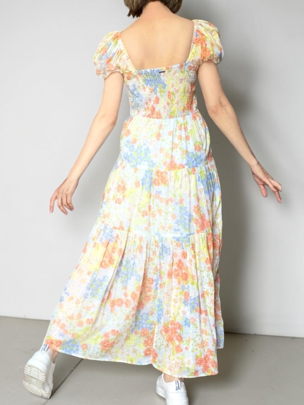 Billabong Maxi Dress Orange & Blue Floral Cotton Puff Sleeve - Picture 6 of 15
